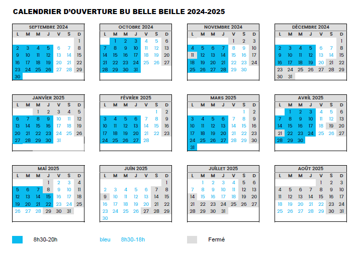 Calendrier d'ouverture BU Belle-Beille 2024-2025
