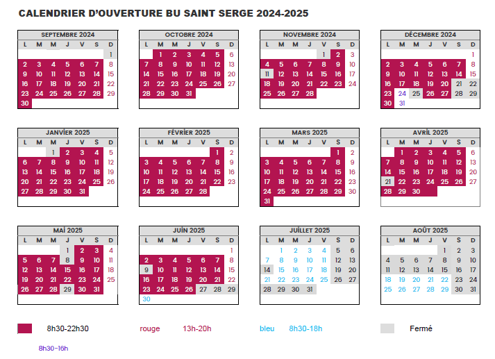 Calendrier d'ouverture BU Saint-Serge 2024-2025