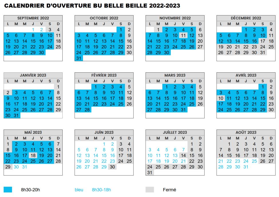 Calendrier d'ouverture bibliothèque Belle-Beille : les données sont disponibles sur la page d'accueil ou par téléphone