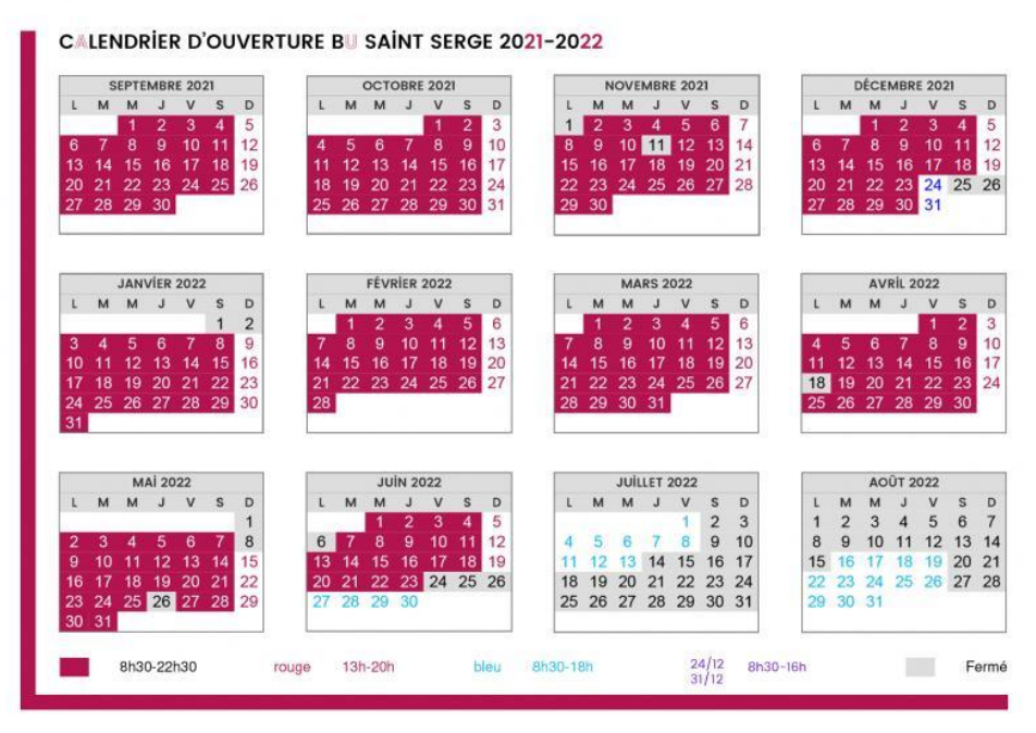 Calendrier détaillé BU Saint-Serge