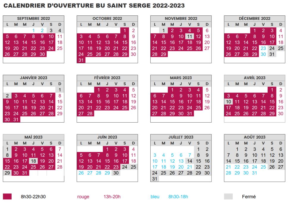 Calendrier d'ouverture bibliothèque Saint-Serge : les données sont disponibles sur la page d'accueil ou par téléphone