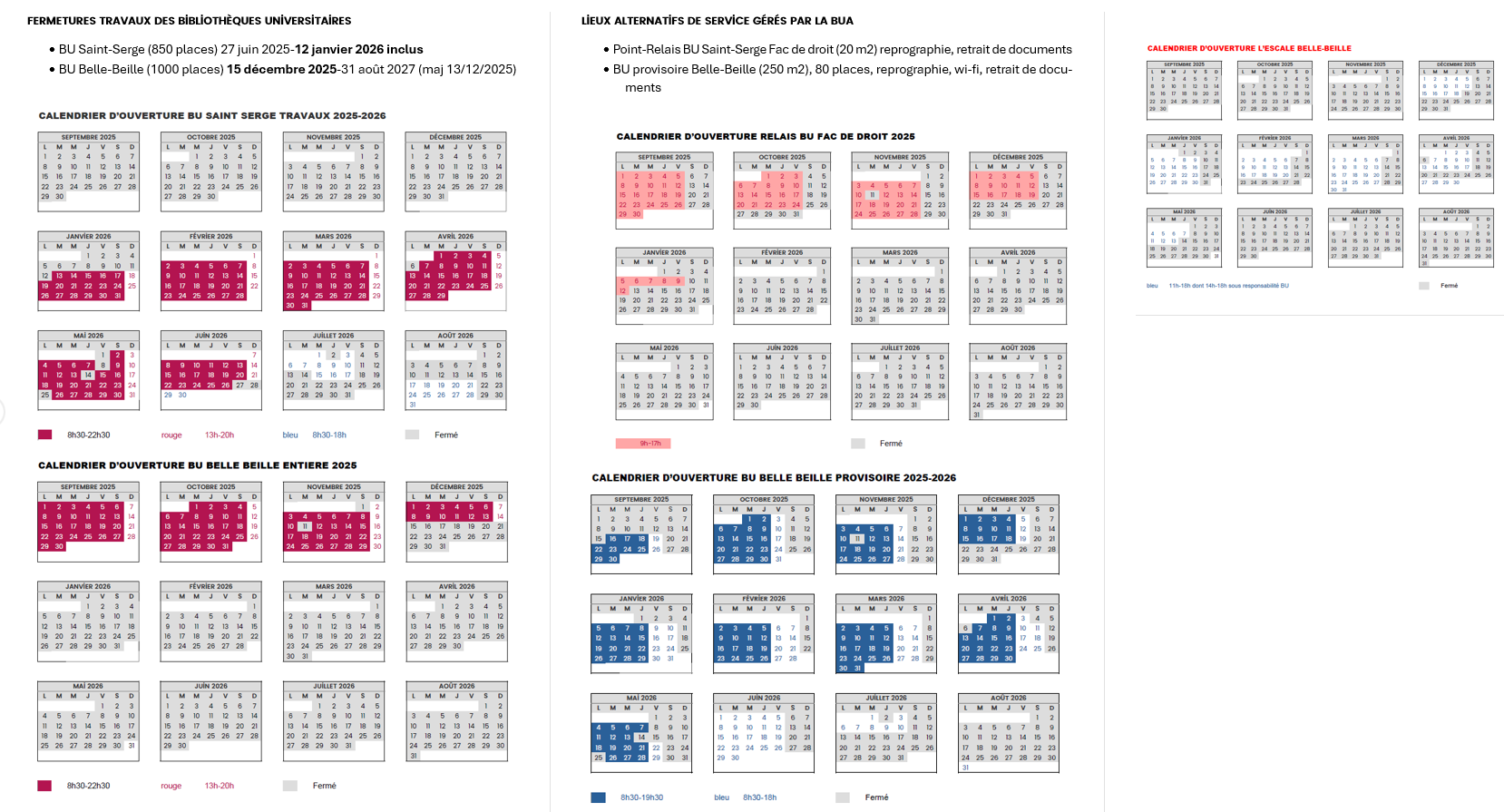 Calendrier annuel des horaires d’ouverture pour quatre lieux (BU Saint-Serge, BU Belle-Beille, Point Relais BU Saint-Serge, BUA Provisoire Belle-Beille, Cafeteria L'escale) de septembre 2025 à août 2026, indiquant horaires normaux, horaires réduits et périodes de fermeture