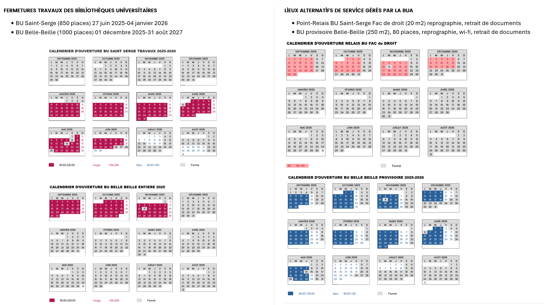 Calendriers d'ouverture des BU et sites Alternatifs